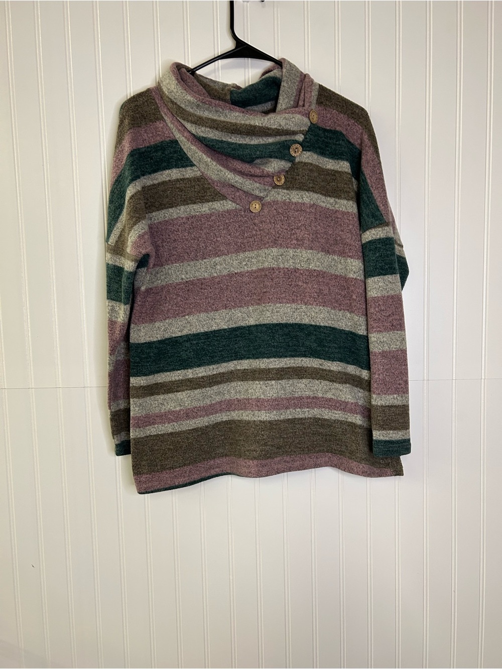 Lovely Melody Striped Button-Accent Cowl Neck Sweater Size Medium